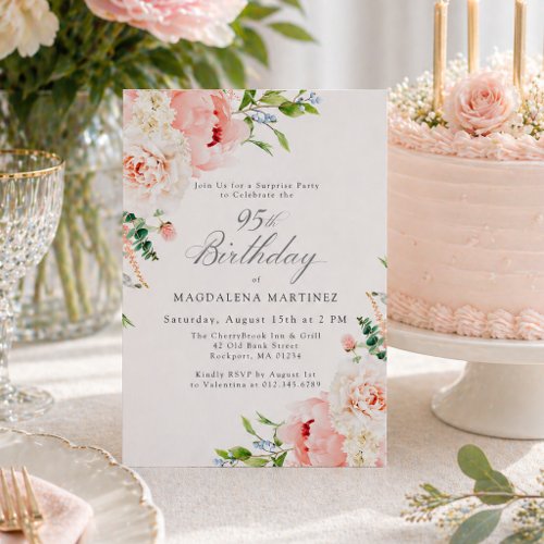 Feminine Pink Floral 95th Birthday Surprise Party Invitation