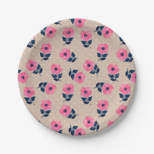 Feminine Pink Floral Beige Polka Dots Design Paper Plates