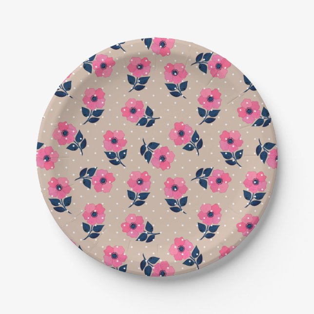 Feminine Pink Floral Beige Polka Dots Design Paper Plates (Front)