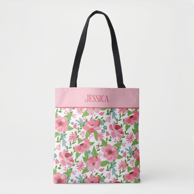 Feminine Pink Floral Pattern Tote Bag (Front)