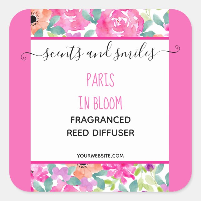 Feminine Pink Floral Reed Diffuser Product Label (Front)