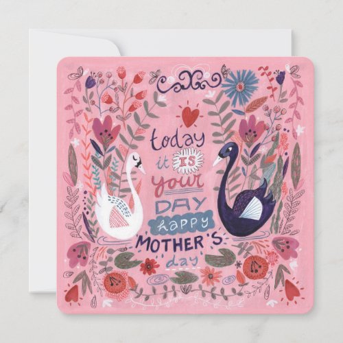 Feminine pink floral swan Mothers Day Card