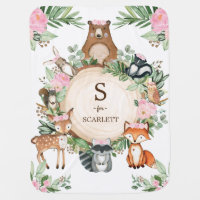 Feminine Pink Floral Woodland Forest Animals Baby Blanket