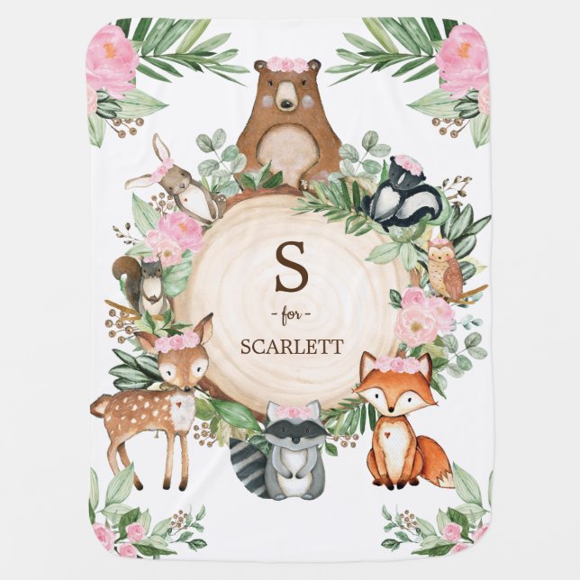 Feminine Pink Floral Woodland Forest Animals Baby Blanket (Front)