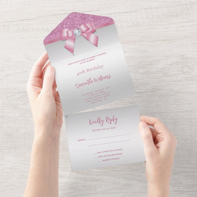 Feminine Pink Gem Bow & Glitter Birthday All In One Invitation (Tearaway)