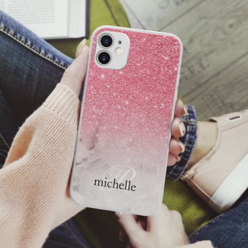 Feminine Pink Glitter Ombre Marble Monogram iPhone 11 Case