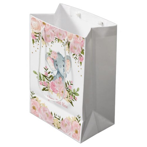 Feminine pink gold Elephant Baby Watercolor Floral Medium Gift Bag