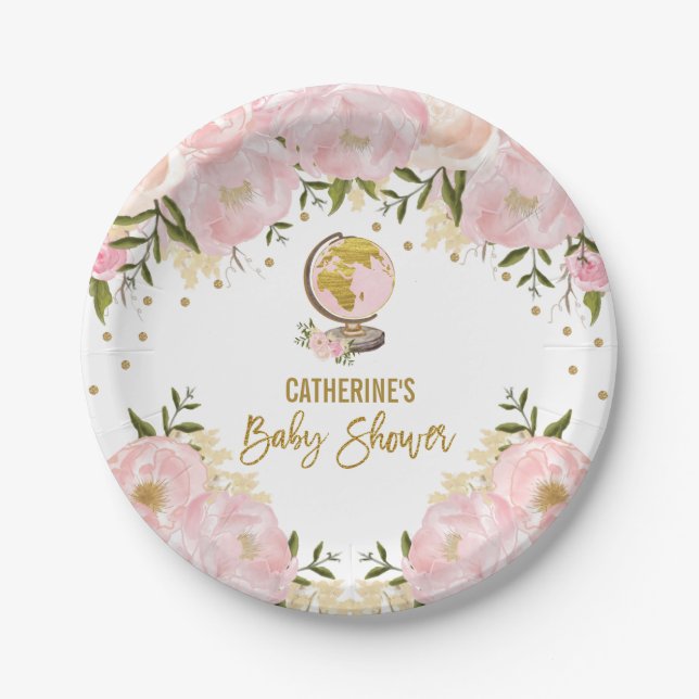 Feminine Pink Gold Floral Travel Girl Baby Shower Paper Plates (Front)