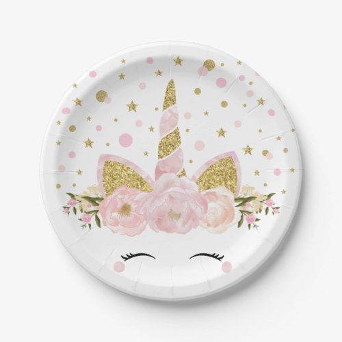 Feminine Pink Gold Floral Unicorn Birthday Party Paper Plates