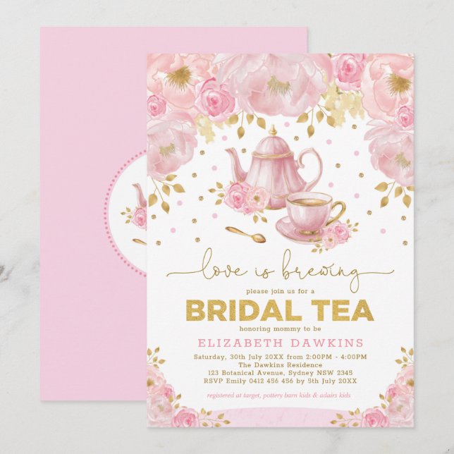 Feminine Pink Gold Flower High Tea Bridal Shower Invitation (Front/Back)