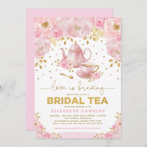 Feminine Pink Gold Flower High Tea Bridal Shower Invitation