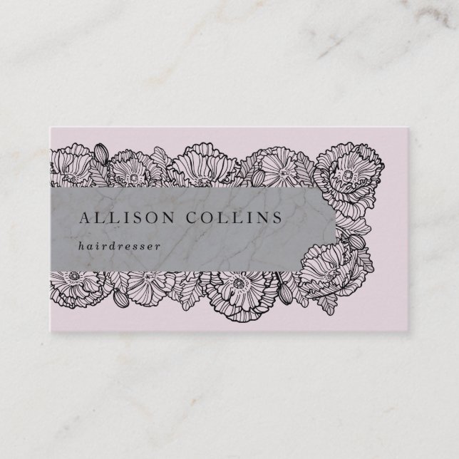 Feminine pink hand drawn flowers business card (Front)