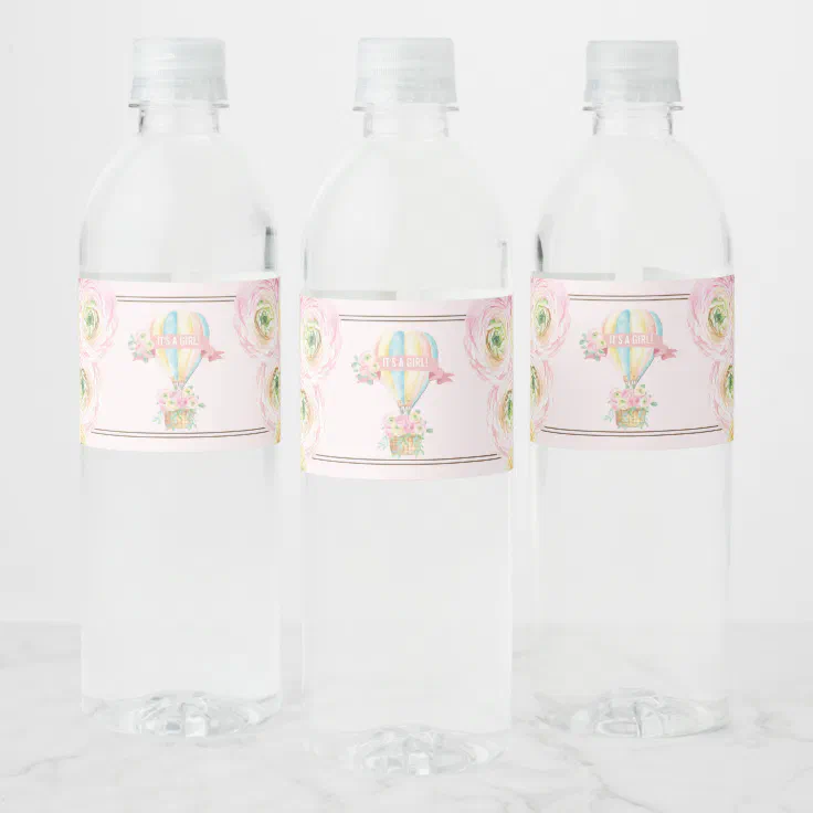 Feminine Pink Hot Air Balloon Floral Baby Girl Water Bottle Label | Zazzle
