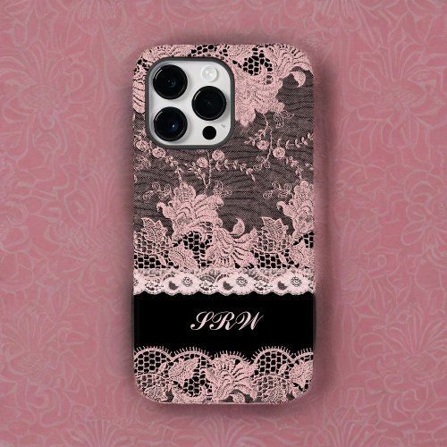 Feminine Pink Lace Edging on Black with Initials Case_Mate iPhone 14 Pro Max Case