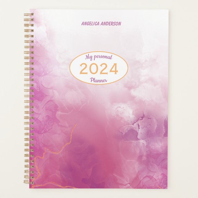 Feminine pink marble floating ink Custom name year Planner (Front)