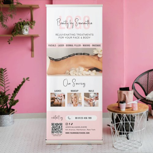 Feminine Pink Modern Beauty Salon Services QR Code Retractable Banner