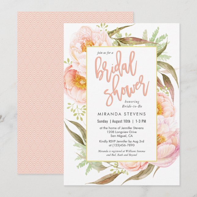 Feminine Pink Peonies Floral Bridal Shower Invitation (Front/Back)