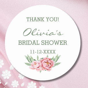 Feminine Pink Peony Bridal Shower Thank You Classic Round Sticker