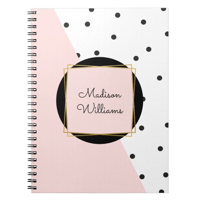 Feminine Pink Personalized Color Block Polka Dots Notebook (Front)