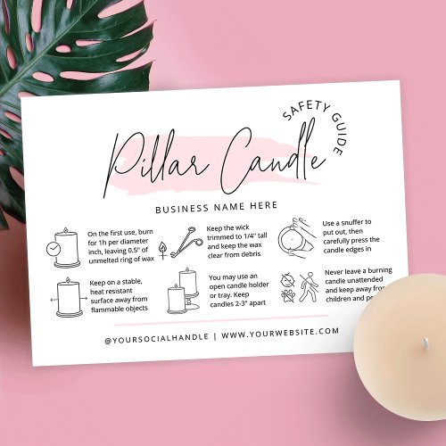 Feminine Pink Pillar Candle Care Instructions Business Card