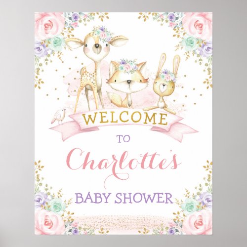 Feminine Pink Purple Mint Woodland Animals Welcome Poster