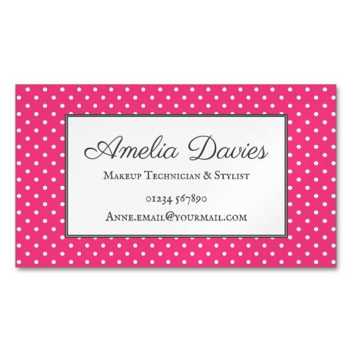 Feminine Pink Retro Polka Dot Business Card Magnet