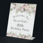 Feminine Pink Rose Floral 80th Birthday Welcome Pedestal Sign<br><div class="desc">A lovely floral welcome pedestal sign designed especially for a birthday party, this sign has text you can personalize in the center section and is bordered by beautiful pink and white watercolor florals with trailing greenery. Shown here as an 80th birthday party, you can edit the age to any age....</div>