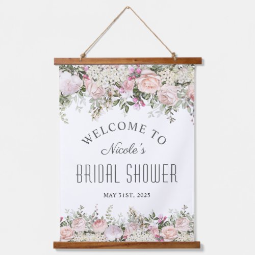 Feminine Pink Rose Floral Bridal Shower Welcome Hanging Tapestry