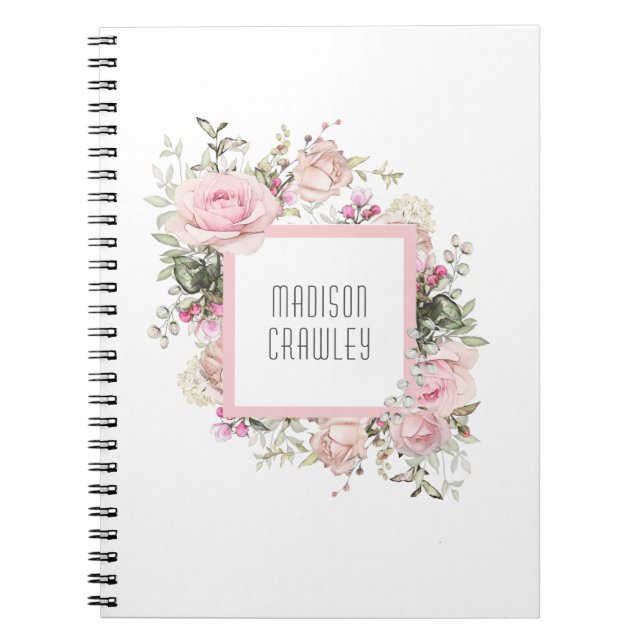 Feminine Pink Rose Floral with Your Name Notebook (Front)