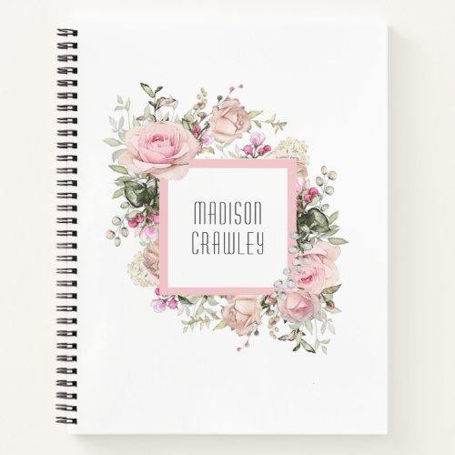 Feminine Pink Rose Floral with Your Name Notebook