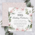Feminine Pink Roses 80th Birthday Party Invitation<br><div class="desc">Celebrate an 80th birthday in beautiful feminine style with this unique square-shaped birthday party invitation in pink florals. Your event text is surrounded by a floral watercolor wreath of pastel pink roses and wispy greenery. All of the text can be personalized with your custom party text, including the age. You...</div>