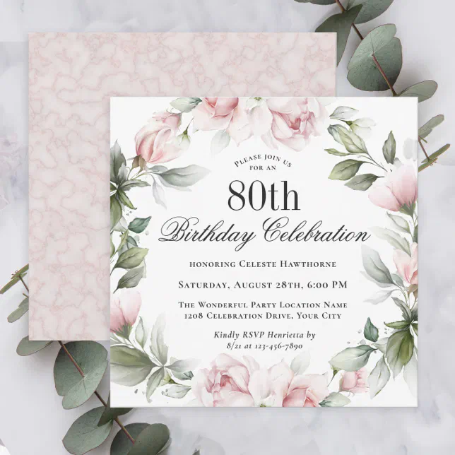 Feminine Pink Roses 80th Birthday Party Invitation 