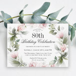 Feminine Pink Roses 80th Birthday Party Invitation<br><div class="desc">Celebrate an 80th birthday in beautiful feminine style with this stylish pink floral birthday party invitation. Your event text is surrounded by a floral watercolor wreath of pink roses and wispy greenery. All of the text can be personalized with your custom party text, including the age. You can also use...</div>
