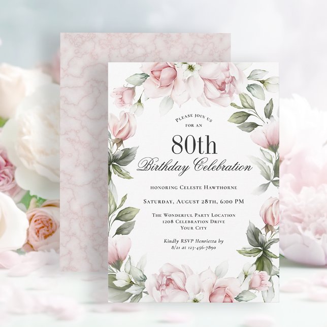 Feminine Pink Roses 80th Birthday Party Invitation (Available as printed and paperless digital download!)