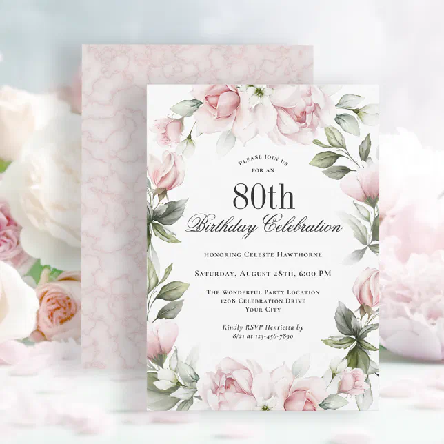 Feminine Pink Roses 80th Birthday Party Invitation | Zazzle