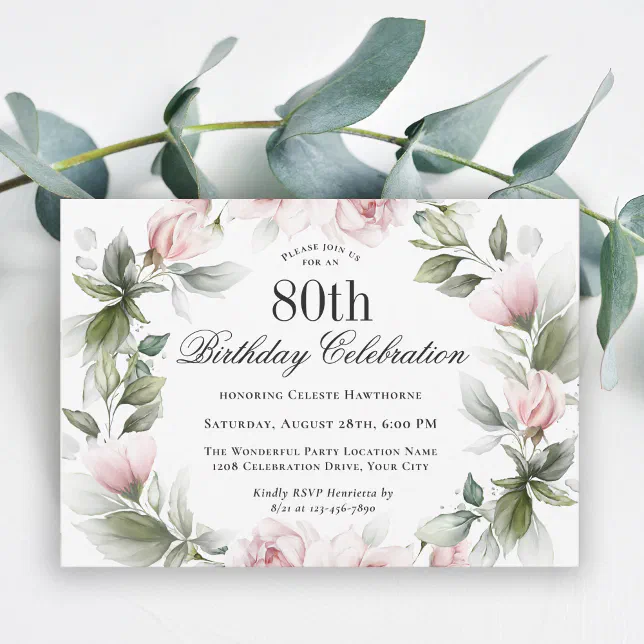 Feminine Pink Roses 80th Birthday Party Invitation | Zazzle