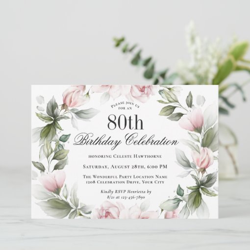 Feminine Pink Roses 80th Birthday Party Invitation 