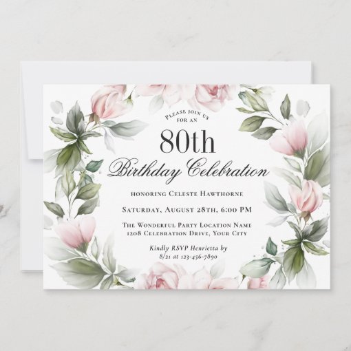 Feminine Pink Roses 80th Birthday Party Invitation | Zazzle