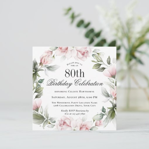 Feminine Pink Roses 80th Birthday Party Invitation | Zazzle