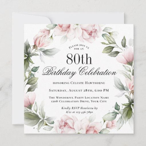 Feminine Pink Roses 80th Birthday Party Invitation | Zazzle