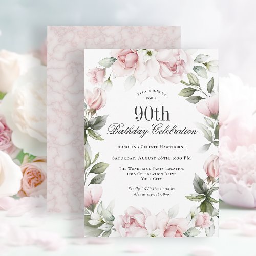 Feminine Pink Roses 90th Birthday Party Invitation