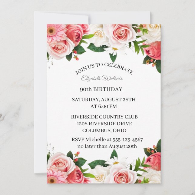 Feminine Pink Roses 90th Birthday Party Invitation (Front)