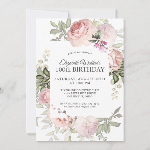 Feminine Pink Roses Floral 100th Birthday Party Invitation