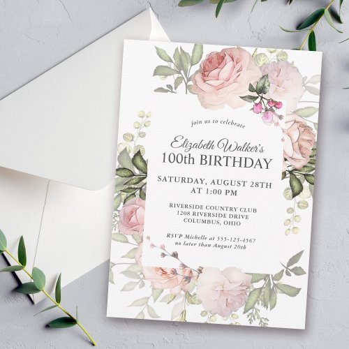 Feminine Pink Roses Floral 100th Birthday Party