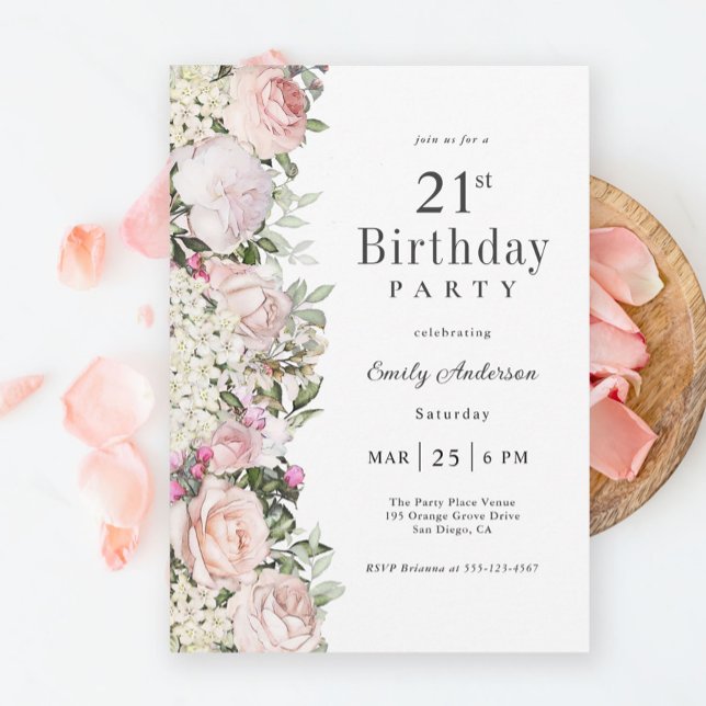 Feminine Pink Roses Floral 21st Birthday Party Invitation (Available in both printed and instant download digital formats.)