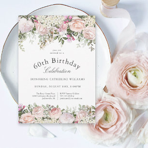 Feminine Pink Roses Floral 60th Birthday Party Invitation