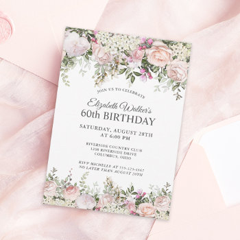 Feminine Pink Roses Floral 60th Birthday Party Invitation by Oasis_Landing at Zazzle