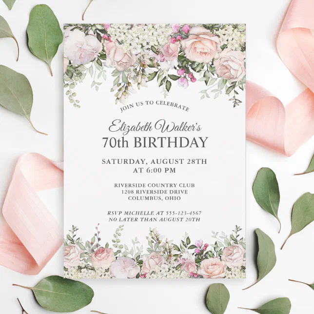 Feminine Pink Roses Floral 70th Birthday Party Invitation Zazzle