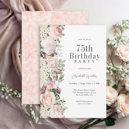 Feminine Pink Roses Floral 75th Birthday Party Invitation