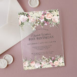 Feminine Pink Roses Floral 80th Birthday Party Acrylic Invitations<br><div class="desc">A beautifully feminine party invitation to celebrate an 80th birthday in elegant style, this Irresistible floral design is bordered in charming pink roses, mixed flowers and trailing greenery. All of the text may be personalized for your party, including the guest of honor's age. This beautiful acrylic invitation adds a modern...</div>